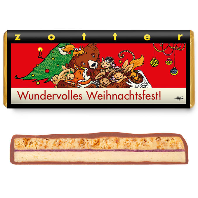 Zotter | Wundervolles Weihnachtsfest – Dunkle Milchschokolade 50% mit Topfencreme & Mandelnougat 70 g (BIO)