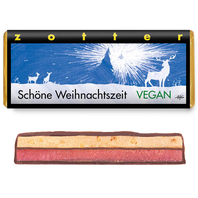 Zotter | Schöne Weihnachtszeit – Hafer-Schokolade 50% mit roter Früchte-Ganache & Mandelnougat 70 g (BIO) VEGAN
