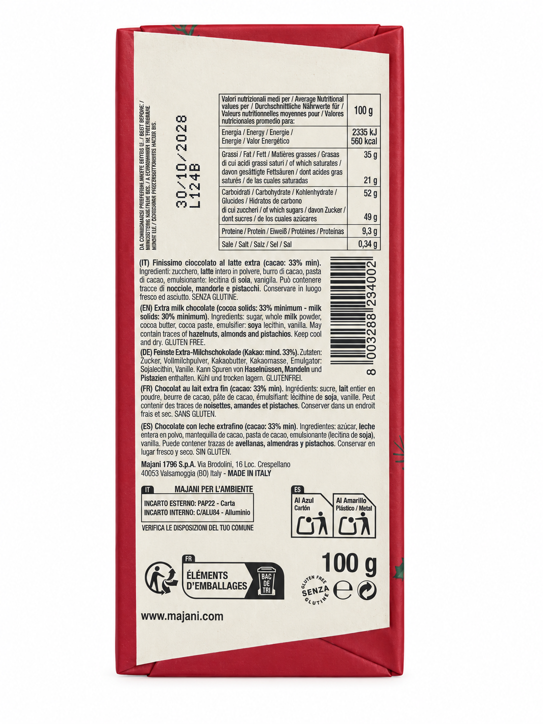 Majani | Frohe Weihnachten – Extra-Milchschokolade 33% – Rückseite