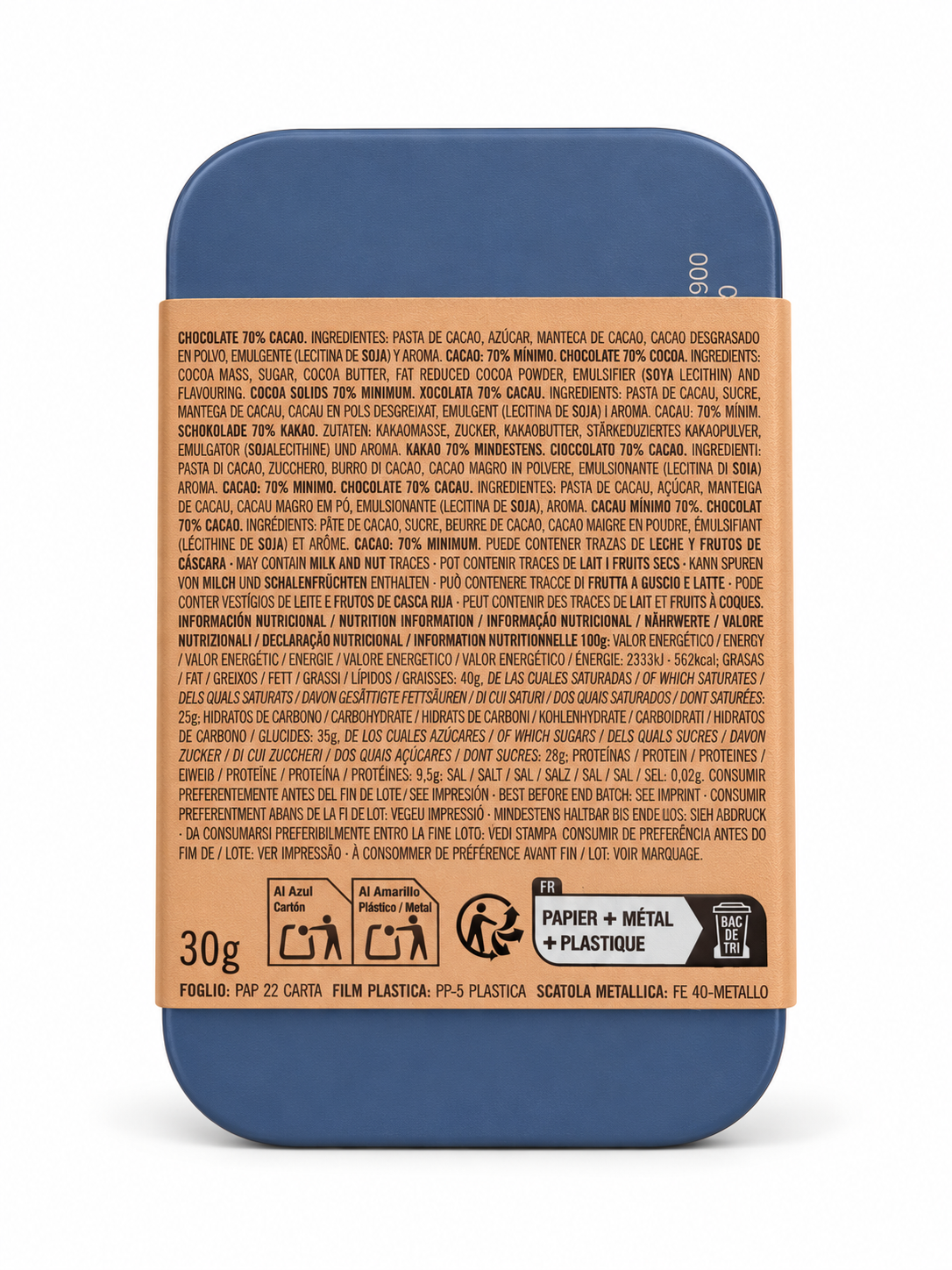 Simón Coll | Amatller Schokolade 70% in der Metalldose – Gold Rückseite #Motiv_Gold