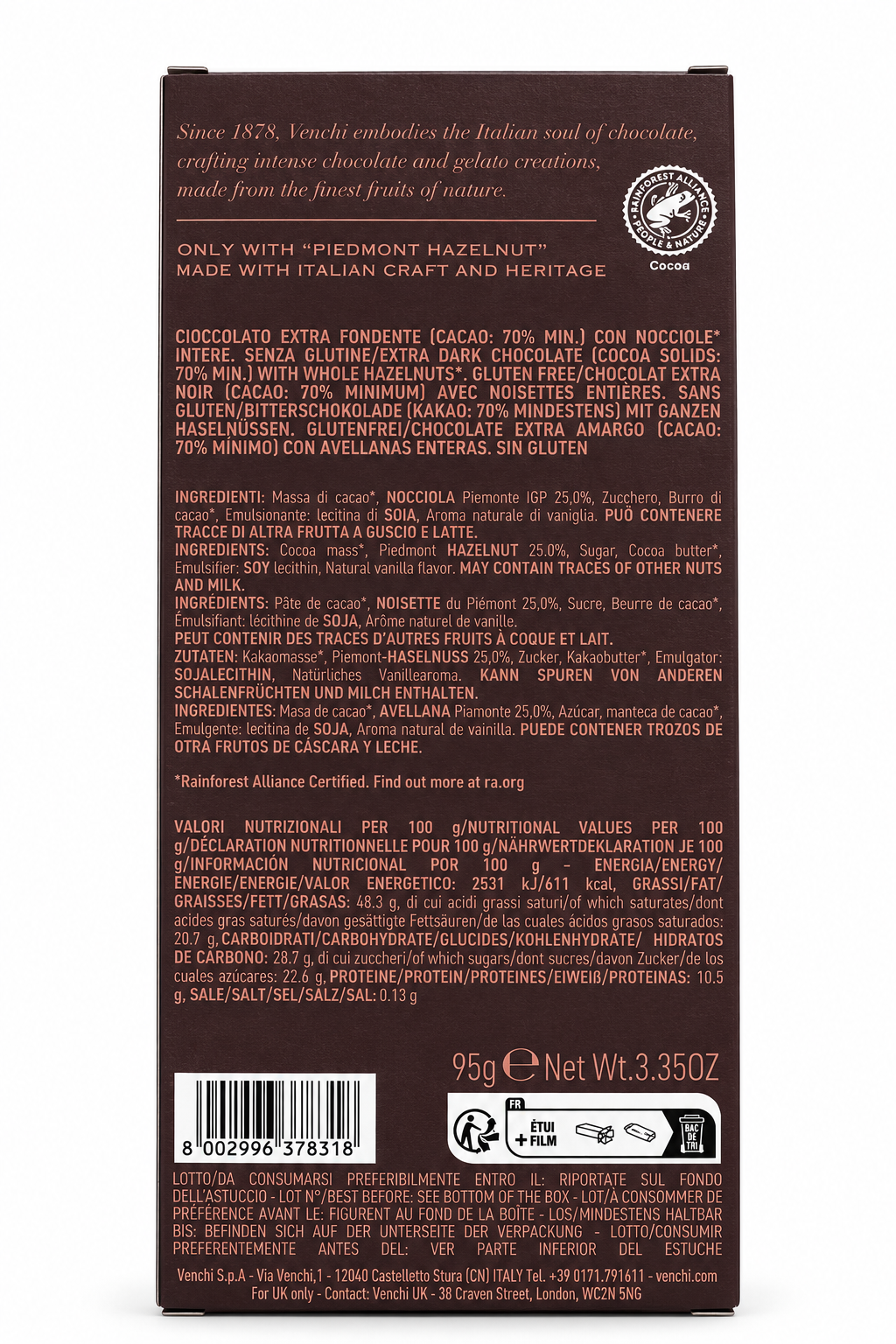 Venchi | Nocciolata Extra Fondente 70% Dunkle Schokolade mit ganzen Piemont-Haselnüssen – 95 g – Rückseite