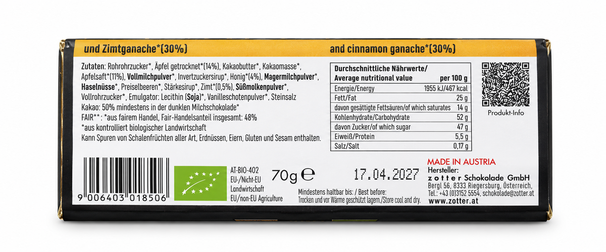 Zotter | ZimtApfel + Honig (BIO) – Rückseite