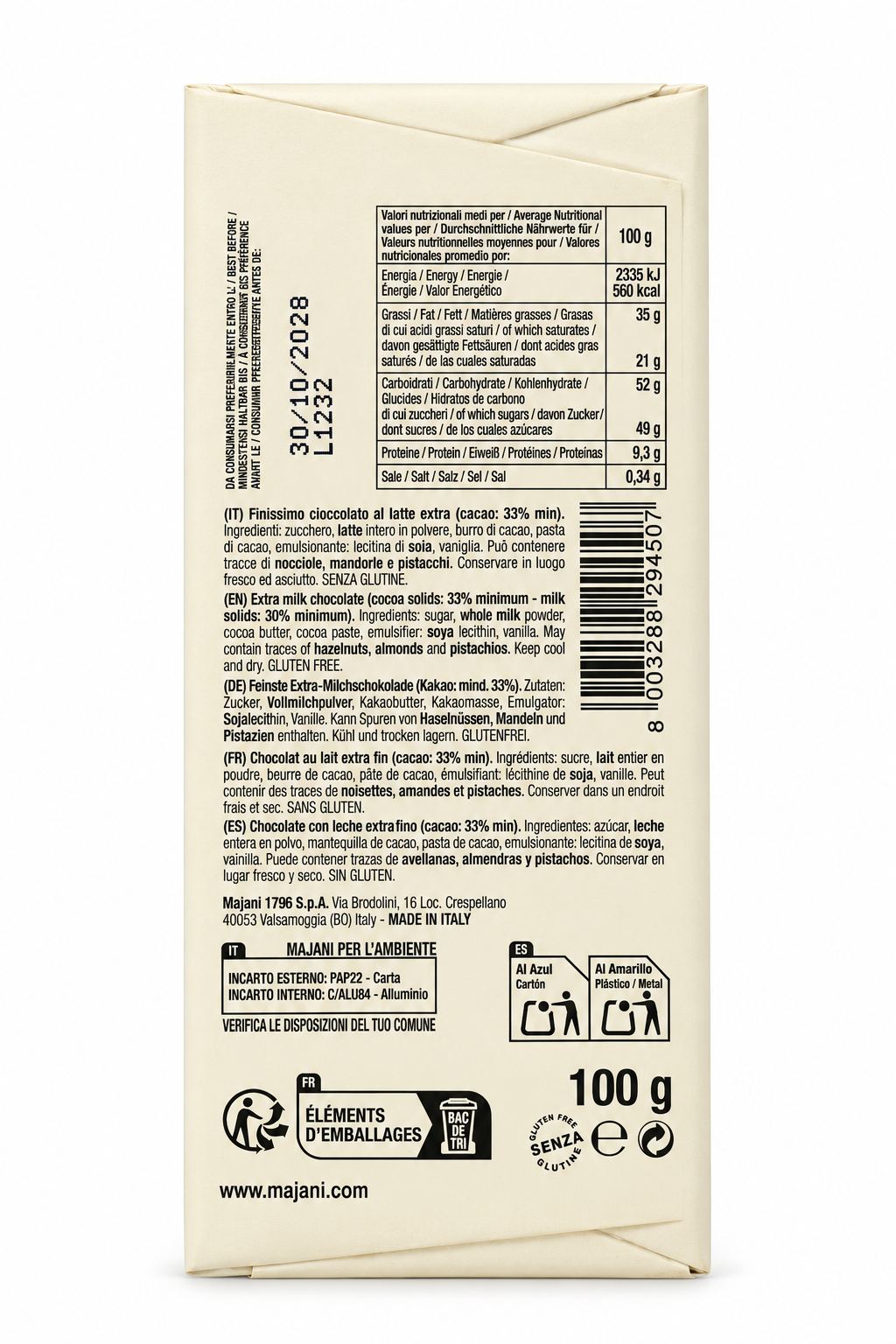 Majani | Weihnachtsmann – Extra-Milchschokolade 33% – Rückseite