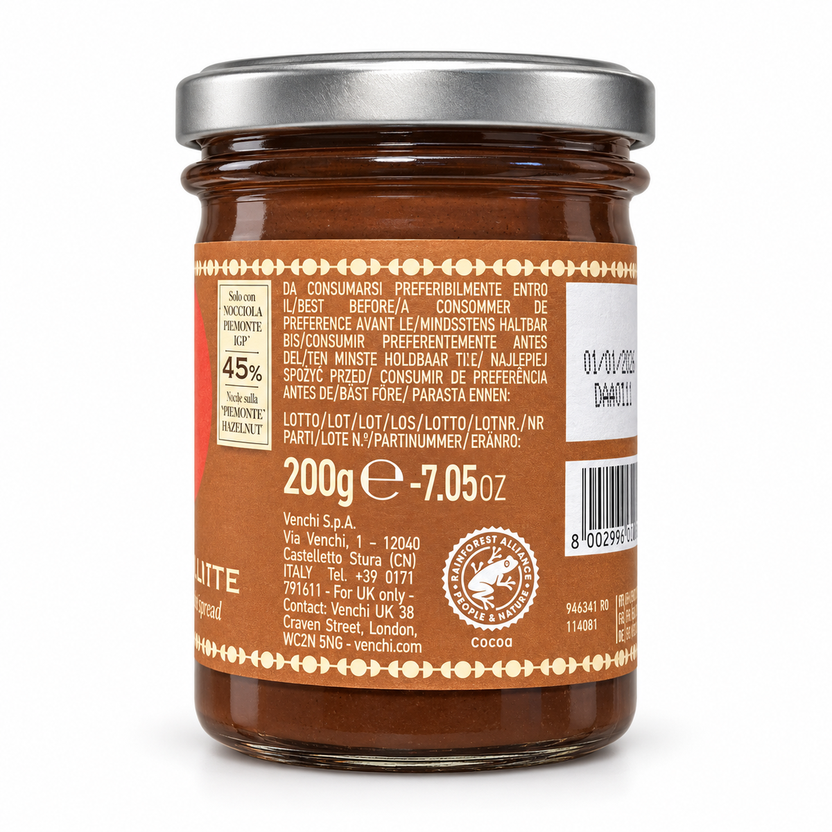 Venchi | Crema Nocciole Latte – Haselnuss-Kakao-Aufstrich 200 g – Rückseite