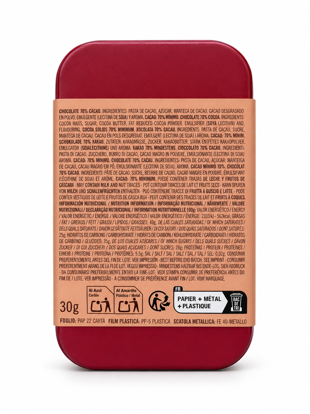 Simón Coll | Amatller Schokolade 70% in der Metalldose – Türkis Rückseite #Motiv_Türkis