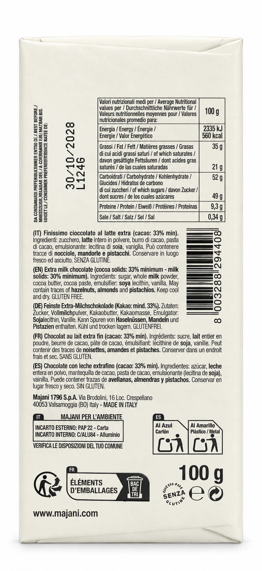 Majani | Engel Love & Peace – Extra-Milchschokolade 33% – Rückseite