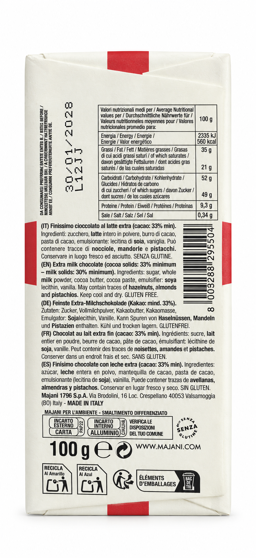 Majani | Just For You – Extra-Milchschokolade 33% – Rückseite