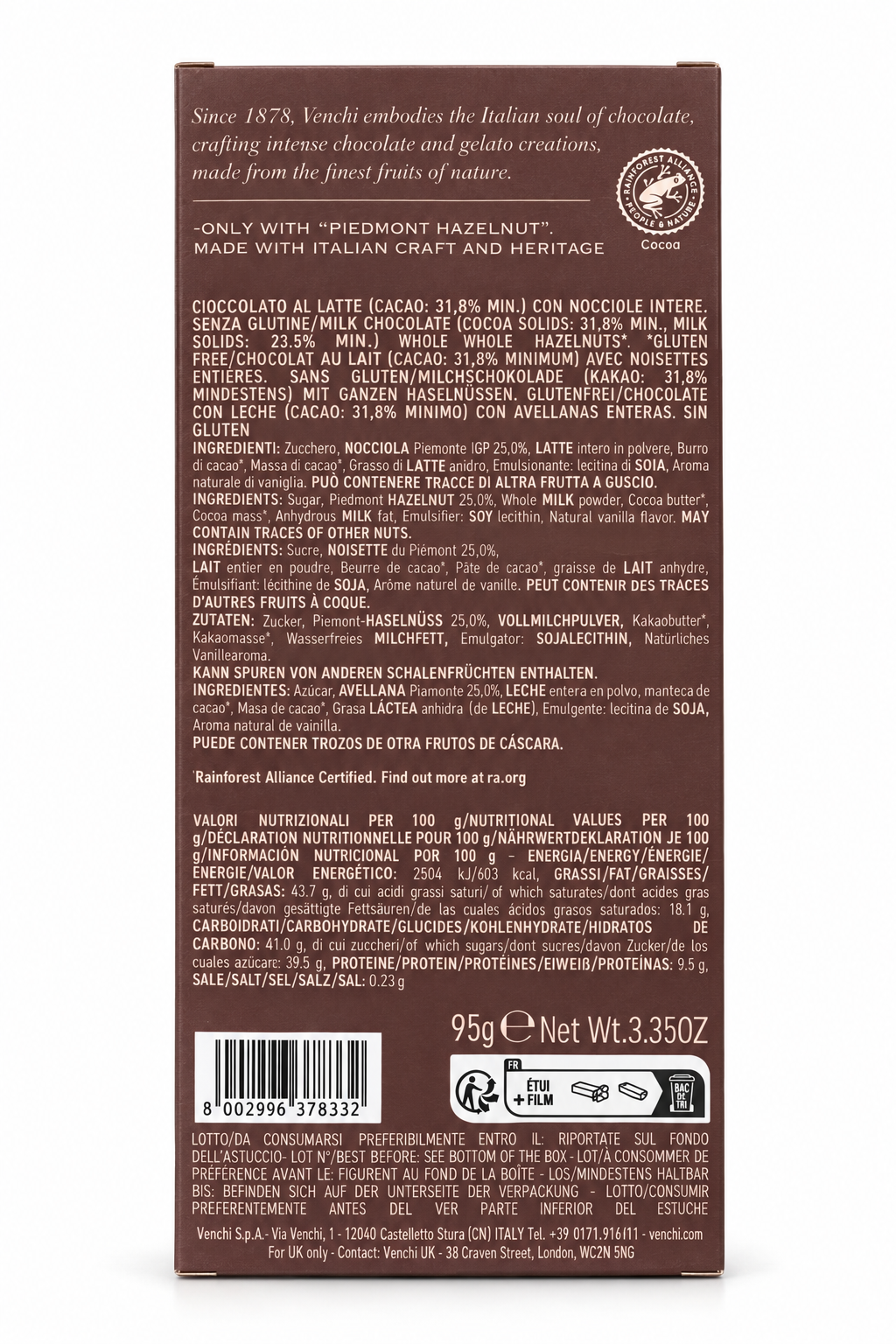 Venchi | Nocciolata Latte – Milchschokolade mit Haselnüssen – Rückseite