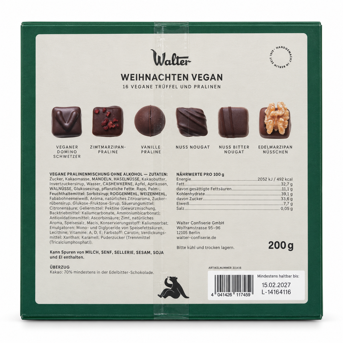 Walter | Weihnachten – 16 Trüffel und Pralinen VEGAN – Rückseite
