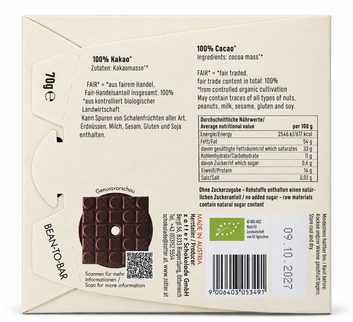 Zotter | Quadratur des Kreises 100% Kakao ohne Zuckerzugabe (BIO) VEGAN – Rückseite