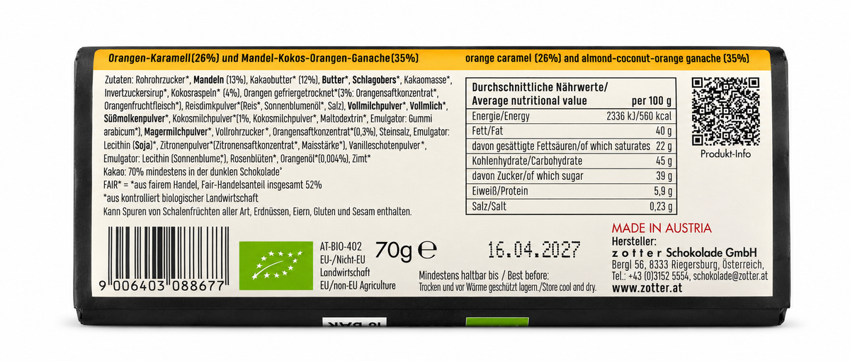 Zotter | Frohe Weihnachten & guten Rutsch! – Orangen-Karamell + Kokos (BIO) – Rückseite
