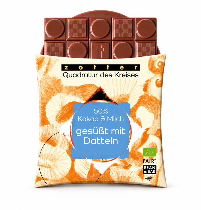 Zotter | Quadratur des Kreises 50% Kakao & Milch gesüßt mit Datteln (BIO)
