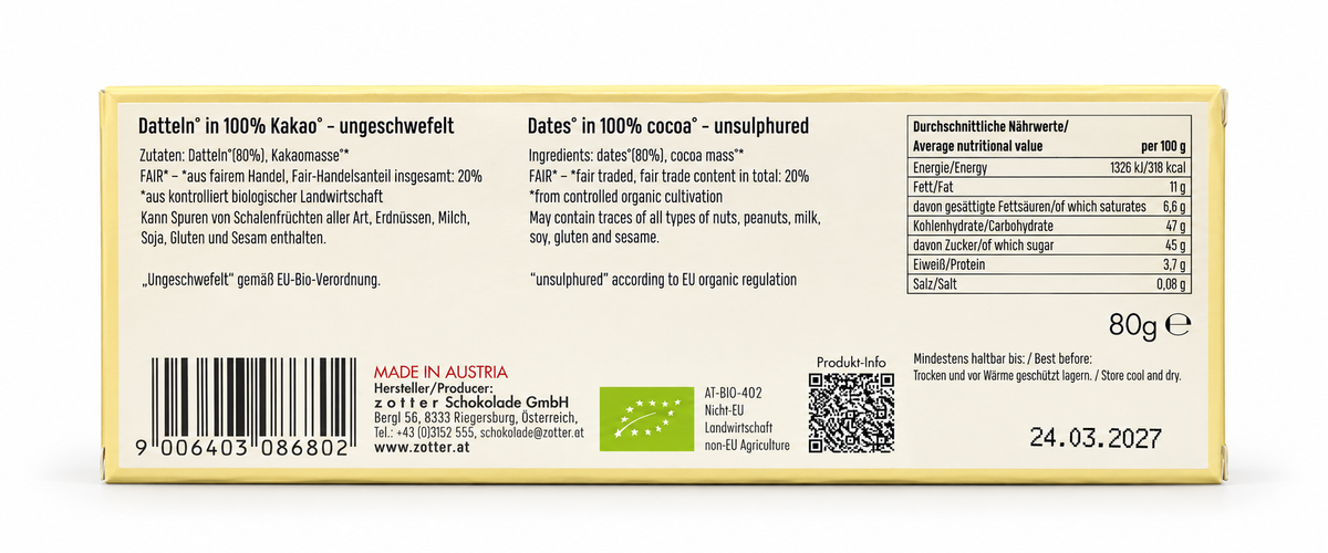 Zotter | Süße Früchtchen Datteln in 100% Kakao (BIO) VEGAN – Rückseite