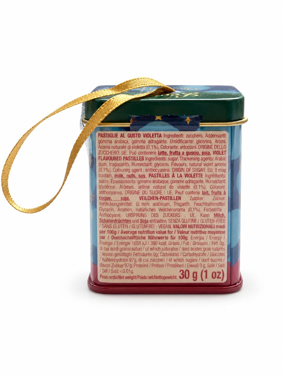 Leone | Weihnachts-Pastillen in der Blechdose VEGAN – Veilchen Rückseite #Sorte_Veilchen