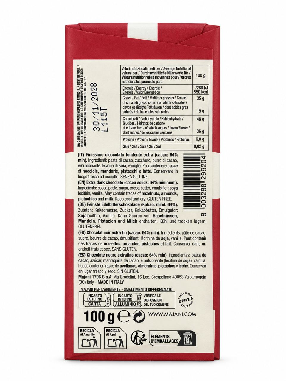 Majani | Just For You – Edelbitterschokolade 64% – Rückseite